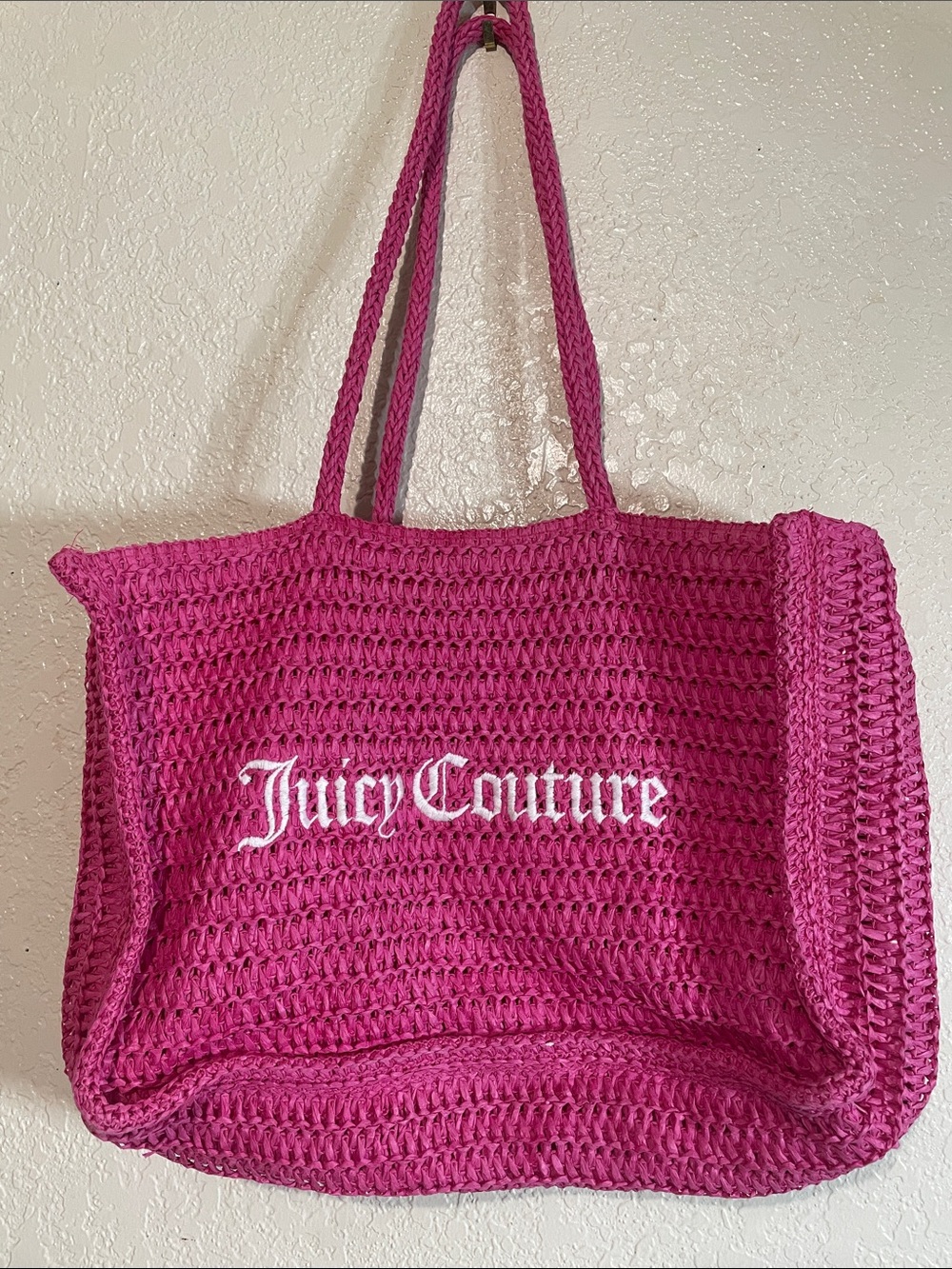 Juicy Couture Fuchsia Crochet Tote with White Logo